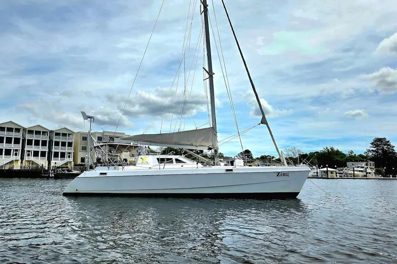 The Image of 1995 Catamaran St. Francis 43 sailing on calm waters near residential buildings. - 0
