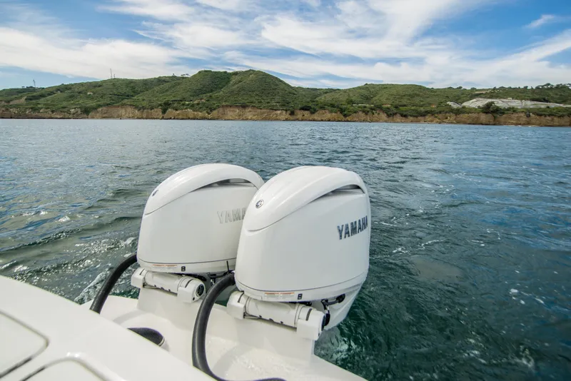 Slide: The Image of 2026 Regulator 23 boat with dual Yamaha outboard engines on scenic water. - 13