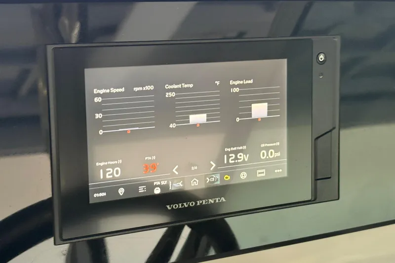 Slide: The Image of Volvo Penta engine display on 2021 Regal 26 Express boat dashboard. - 36