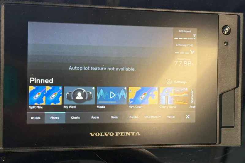 Slide: The Image of Volvo Penta display on 2021 Regal 26 Express, showing autopilot feature unavailable. - 38
