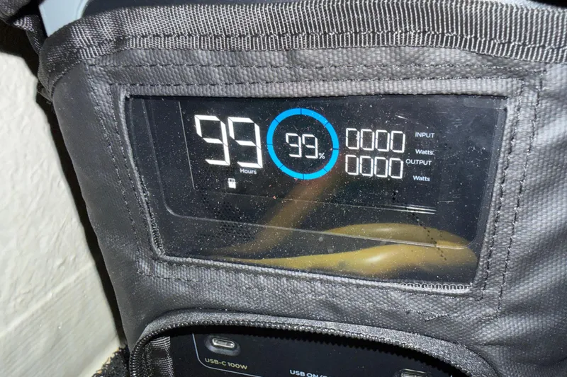 Slide: The Image of Digital display showing 99% battery charge on a Regal 26 Express 2021 model. - 40