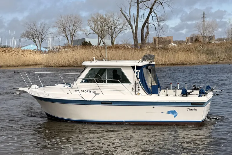 Slide: The Image of 1998 Cherokee 270 Sportsman boat on a calm river with reeds in the background. - 4