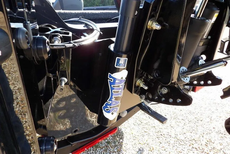 Slide: The Image of Close-up of 2026 Lund 2075 Pro-V Bass XS boat motor mount and hydraulic system. - 28