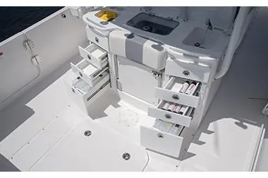 Slide: The Image of Manufacturer Provided Image: 2018 Everglades 355 Center Console boat storage compartments and sink. - 11
