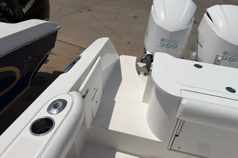 Slide: The Image of 2018 Everglades 355 Center Console boat with Yamaha 300 engines, docked. - 51