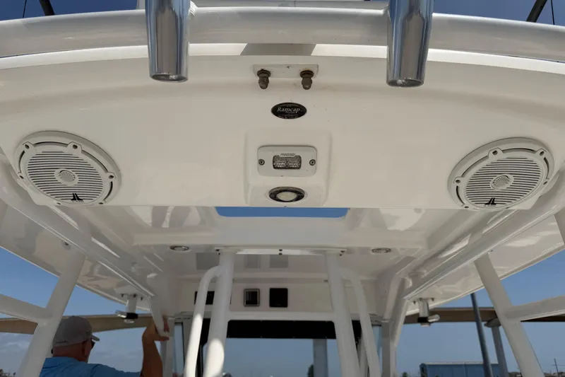 Slide: The Image of 2018 Everglades 355 Center Console boat speakers and roof detail. - 53