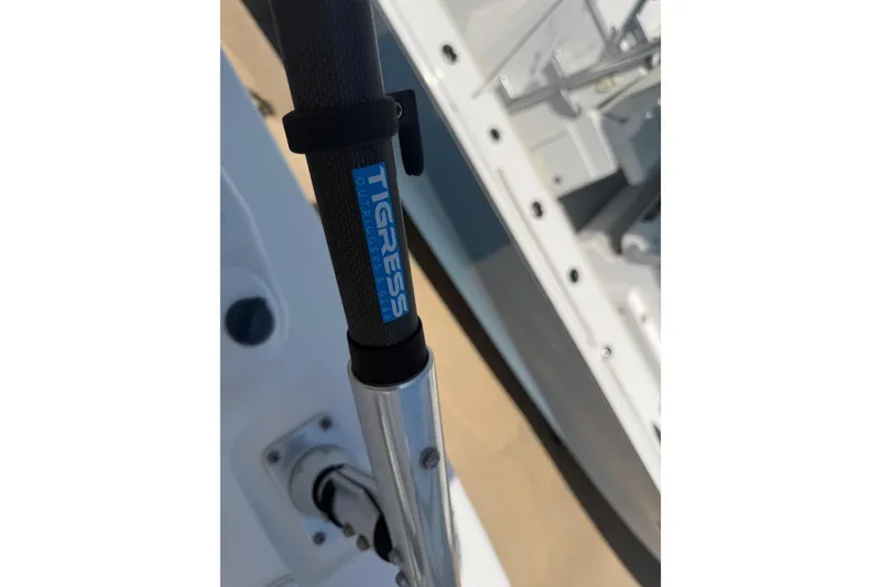 Slide: The Image of Close-up of Tigress outrigger gear on 2018 Everglades 355 Center Console boat. - 62