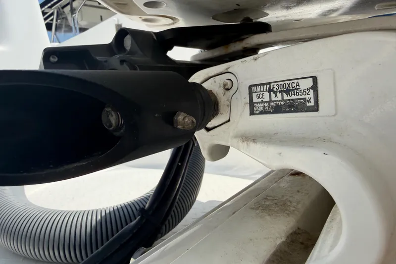 Slide: The Image of Close-up of Yamaha F300XCA engine part on 2018 Everglades 355 Center Console boat. - 70
