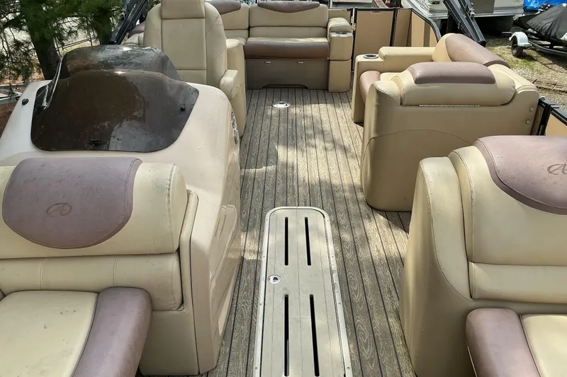 Slide: The Image of 2019 Avalon Catalina Platinum Rear J Lounge boat interior with luxurious seating. - 10