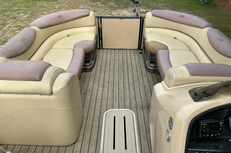 Slide: The Image of 2019 Avalon Catalina Platinum Rear J Lounge boat interior with plush seating. - 9