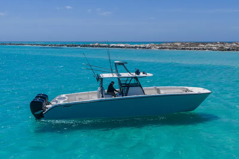 Slide: The Image of 2019 Invincible 40 Catamaran cruising in clear turquoise waters under a sunny sky. - 12