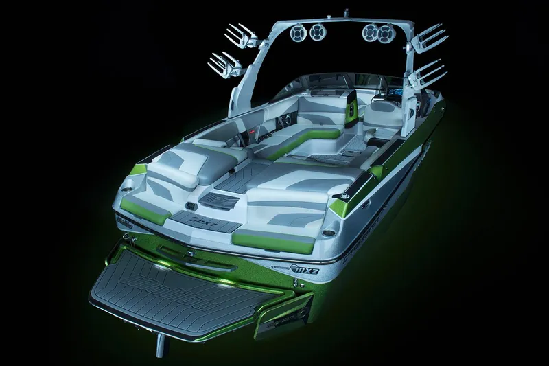 Slide: The Image of Manufacturer Provided Image: 2017 Malibu Wakesetter 24 MXZ wakeboard boat with green and white interior. - 57