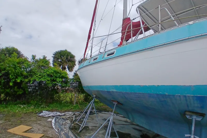Slide: The Image of 1982 Morgan 416 sailboat on stands, with lush greenery in the background. - 3