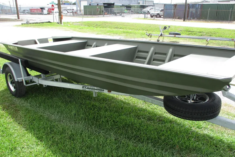 Slide: The Image of 2025 Alweld 1442 Flat Bottom boat on trailer, parked on grass. - 3
