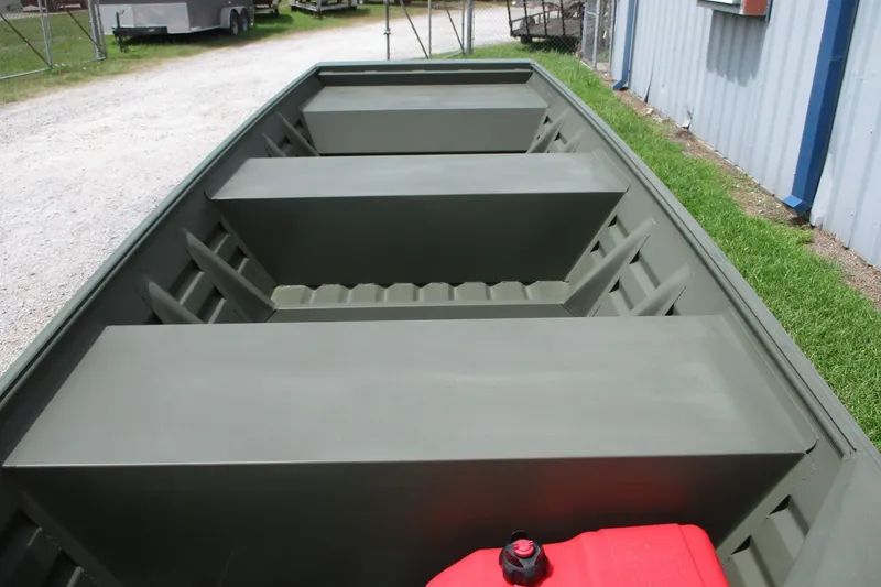 Slide: The Image of 2025 Alweld 1442 Flat Bottom boat interior with bench seats and fuel tank. - 5