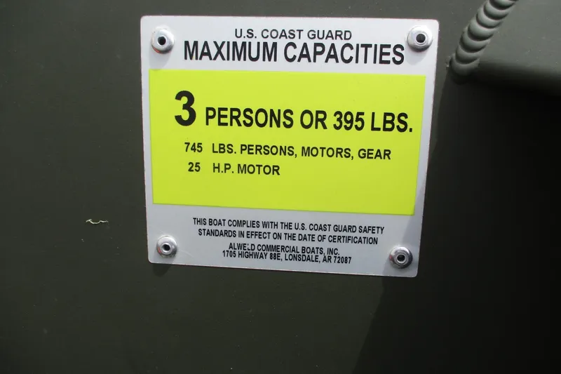 Slide: The Image of 2025 Alweld 1442 Flat Bottom boat capacity label, U.S. Coast Guard compliant, 3 persons or 395 lbs. - 7