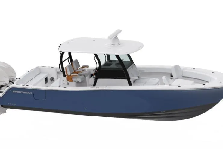 The Image of 2026 Sportsman Masters 247 Bay Boat with sleek blue hull and modern design. - 1