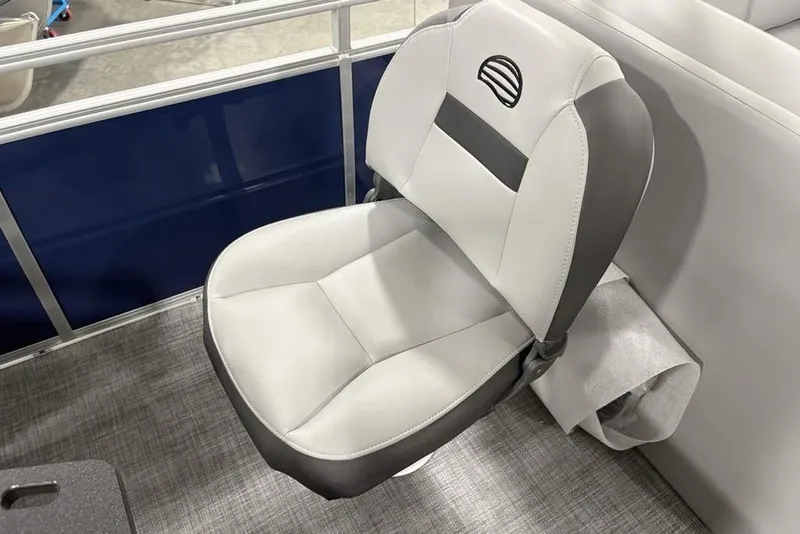 Slide: The Image of 2026 Sun Tracker SportFish 20 DLX boat seat, featuring gray and white upholstery. - 26