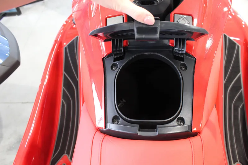 Slide: The Image of 2026 Yamaha WaveRunner GP SVHO storage compartment, red exterior, open lid view. - 5