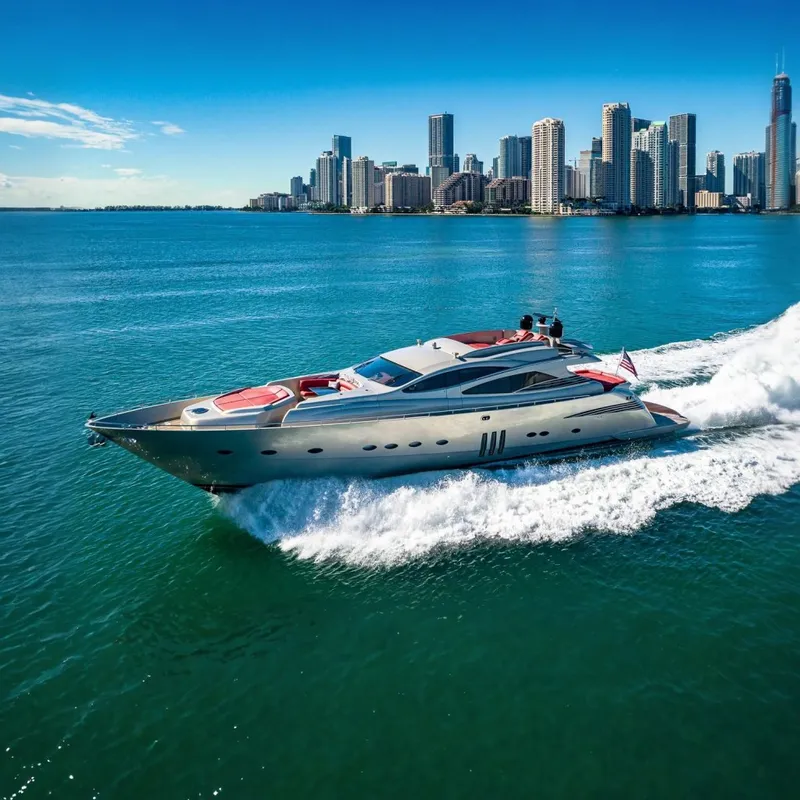 Slide: The Image of Luxury 2008 Pershing 90 yacht cruising near city skyline on a sunny day. - 0