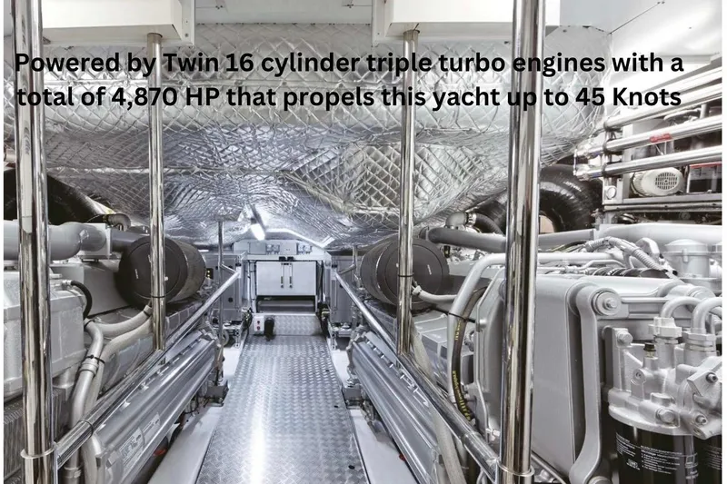 Slide: The Image of Engine room of 2008 Pershing 90 yacht with twin 16-cylinder triple turbo engines, 4,870 HP. - 43