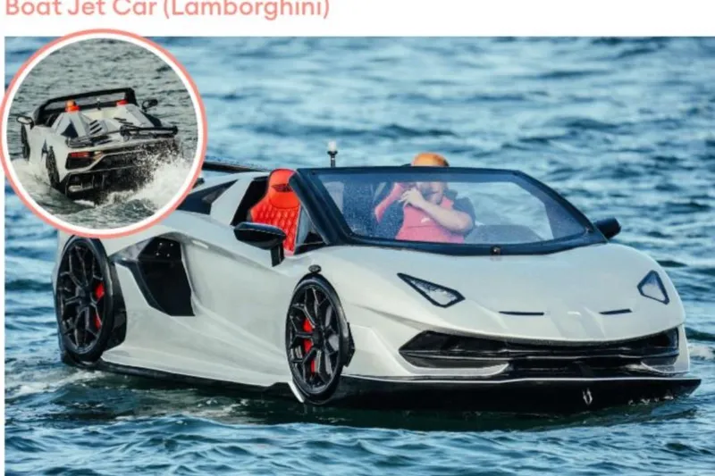 Slide: The Image of Amphibious Lamborghini-style boat car on water, featuring sleek design and red interior. - 44