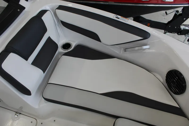Slide: The Image of Interior seating of 2026 Yamaha Boats 195S, featuring sleek black and white upholstery. - 8