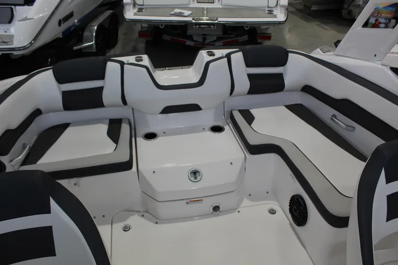 Slide: The Image of Interior seating of 2026 Yamaha Boats 195S, featuring sleek white and black design. - 9