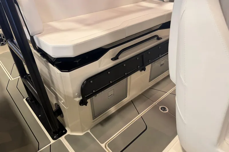 Slide: The Image of Interior of 2027 Navan T30 boat with cushioned seating and storage compartments. - 20