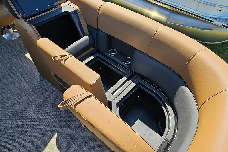Slide: The Image of 2026 Bentley Pontoons Legacy 200 Navigator interior seating with storage compartments. - 20