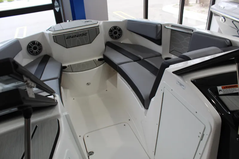 Slide: The Image of Interior of 2026 Yamaha Boats 222XD, featuring sleek seating and modern design elements. - 6