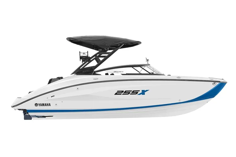 Slide: The Image of Manufacturer Provided Image: 2026 Yamaha Boats 255XE, sleek white design with blue accents and a black canopy. - 25