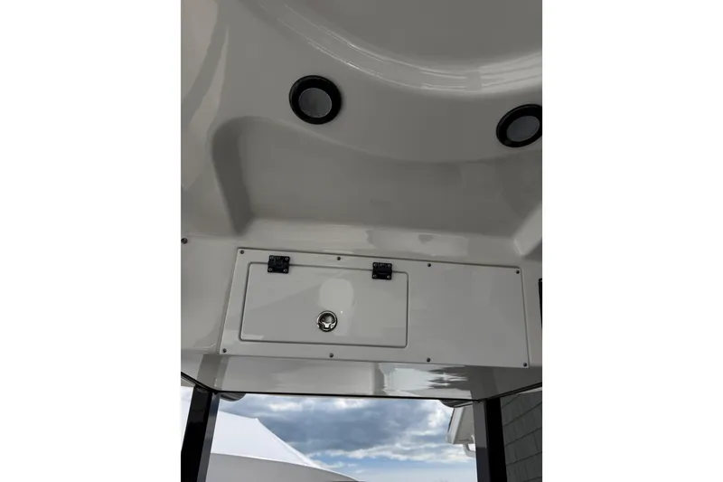 Slide: The Image of 2022 Seapro 239 DLX boat interior with storage compartment and speakers. - 11