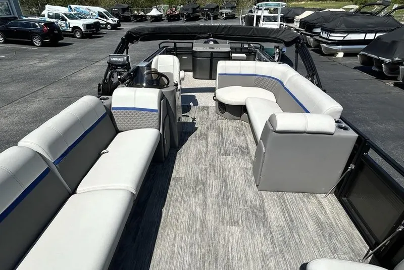 Slide: The Image of 2023 Angler Qwest 8524 Pro Family Fish Triple Tube pontoon boat interior with seating. - 20