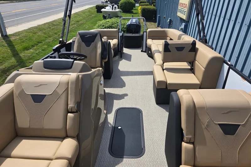 Slide: The Image of Luxurious 2026 Evotti 523QL pontoon boat with beige seating and modern design. - 10