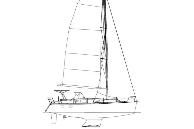 Slide: The Image of Line drawing of a 2011 Hunter 39 sailboat, side view with sails. - 36