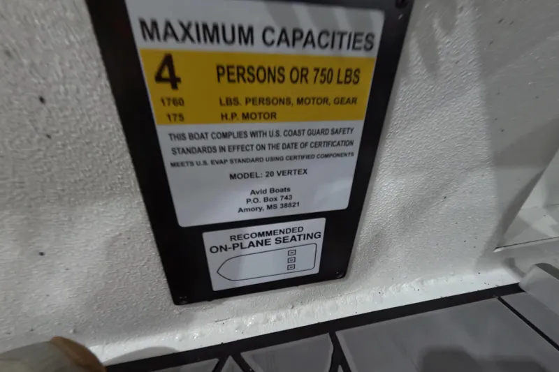 Slide: The Image of Capacity label on 2026 Avid 20 Vertex boat, detailing maximum weight and seating recommendations. - 20