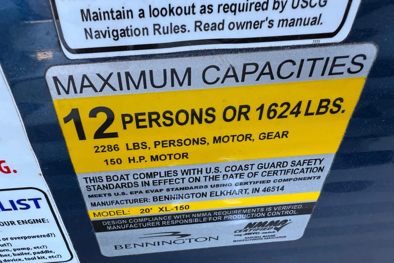 Slide: The Image of 2017 Bennington 21 SLX capacity label: 12 persons or 1624 lbs, 150 HP motor. - 16