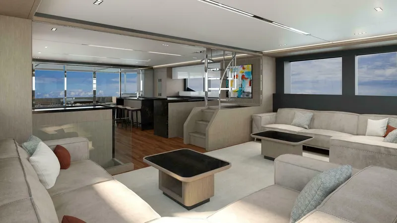 Slide: The Image of Luxurious interior of 2026 ILIAD 75 yacht with modern furnishings and panoramic windows. - 9
