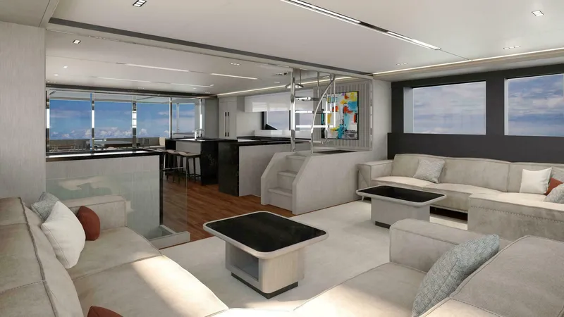 Slide: The Image of Luxurious interior of 2026 ILIAD 75 yacht with modern furnishings and panoramic windows. - 8