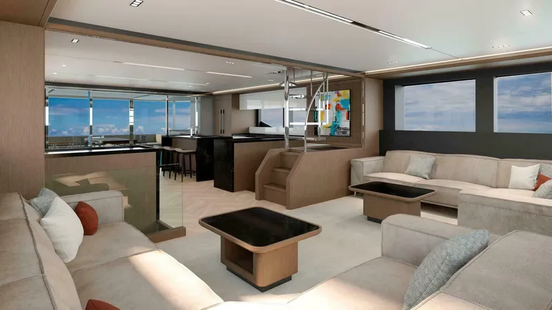 Slide: The Image of Luxurious interior of 2026 ILIAD 75 yacht with modern furnishings and panoramic windows. - 7