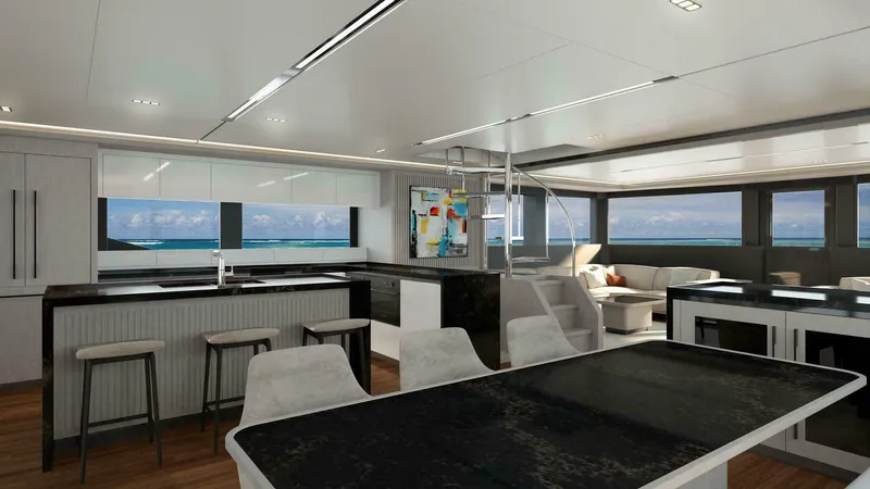 Slide: The Image of Luxurious yacht interior with modern kitchen and seating, ILIAD 75 model, 2026. - 10