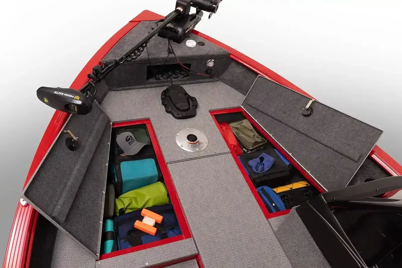 Slide: The Image of Manufacturer Provided Image: 2026 G3 Angler V178 C boat interior with open storage compartments and fishing gear. - 10