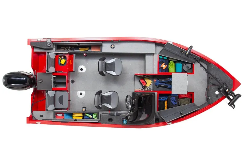 Slide: The Image of Manufacturer Provided Image: 2026 G3 Angler V178 C fishing boat, top view, red exterior, organized storage compartments. - 14