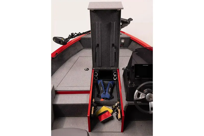 Slide: The Image of Manufacturer Provided Image: 2026 G3 Angler V178 C boat interior with storage compartment and fishing gear. - 9