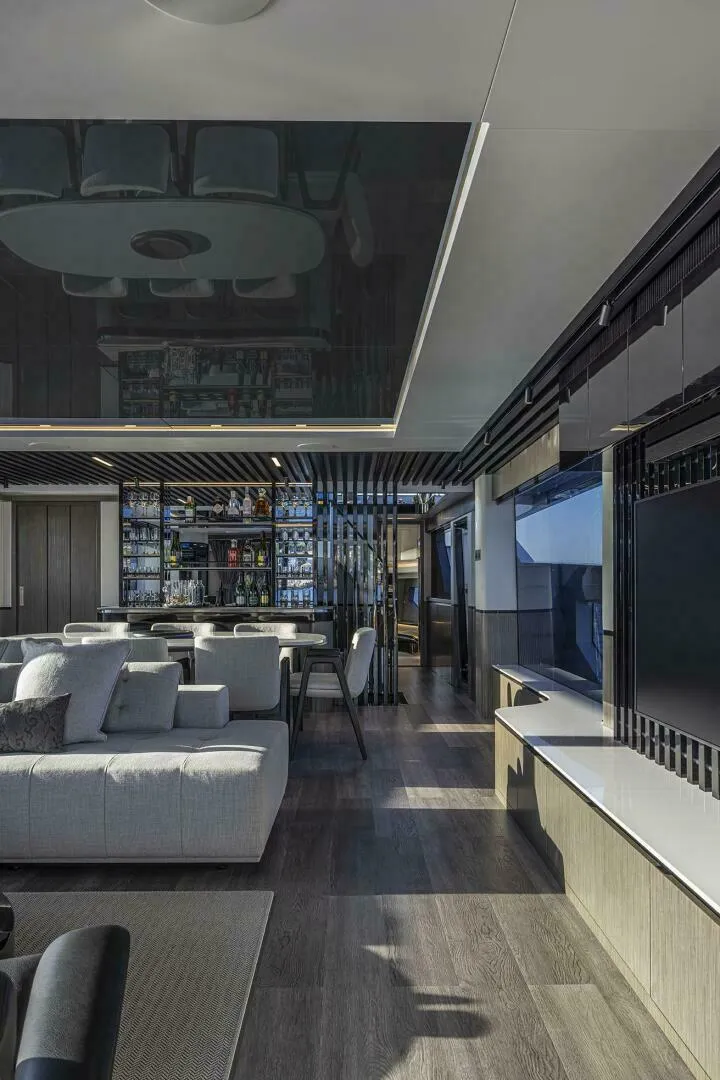 Slide: The Image of Luxurious interior of 2026 Pearl 82 yacht with modern furnishings and sleek design. - 14