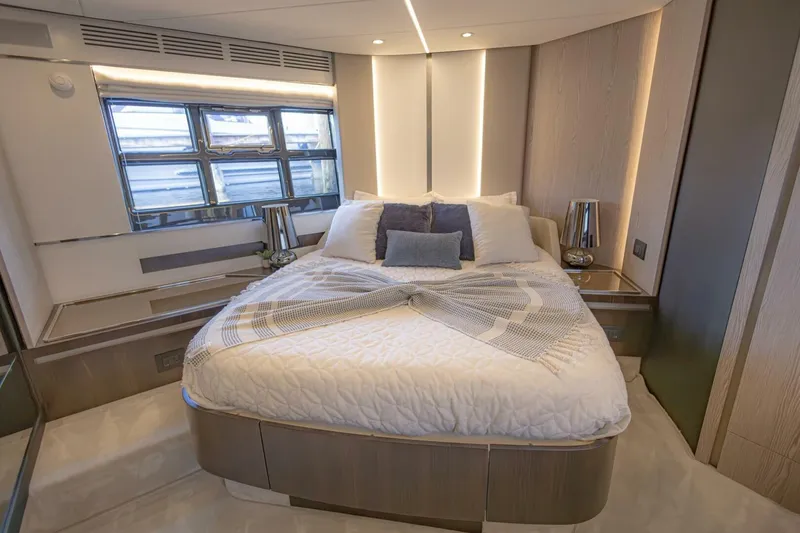 Slide: The Image of Luxurious bedroom interior of 2023 Azimut S6 Sport-Fly yacht with modern design and cozy bedding. - 28