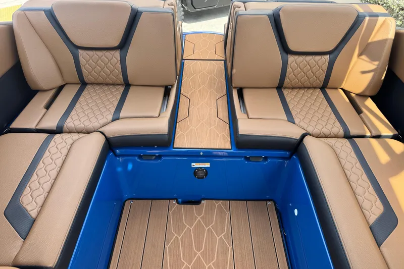 Slide: The Image of Luxurious interior seating of 2026 Yamaha Boats 255XD, featuring elegant brown and black upholstery. - 15