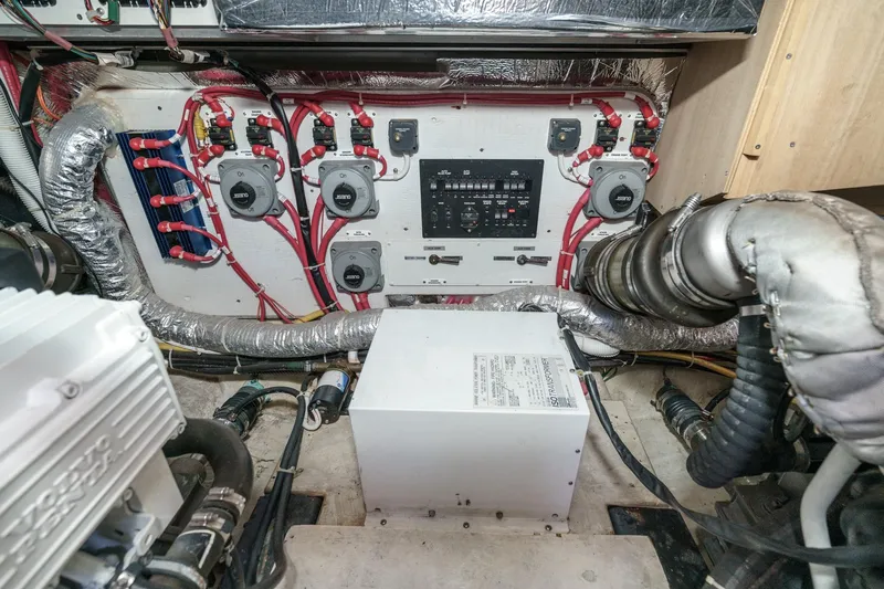 Slide: The Image of Engine room of 2007 Carver 43 Motor Yacht with electrical panel and wiring. - 64