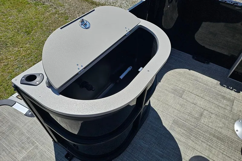 Slide: The Image of 2026 Bentley Pontoons Fish 240 4-Point livewell on deck, open lid view. - 12